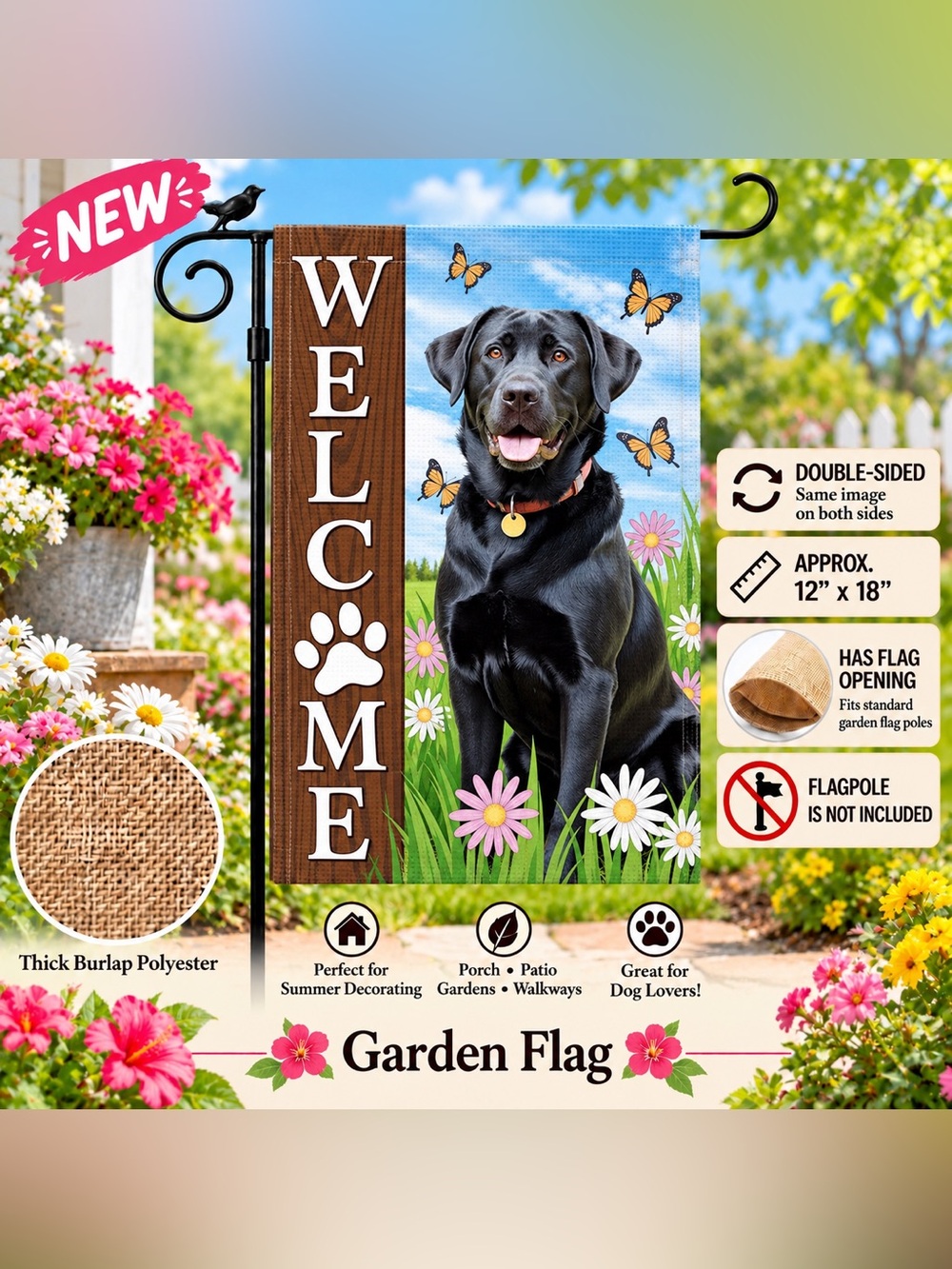 Garden Flag, Welcome Black Labrador, Double-Sided, Burlap Polyester, 12”x18”